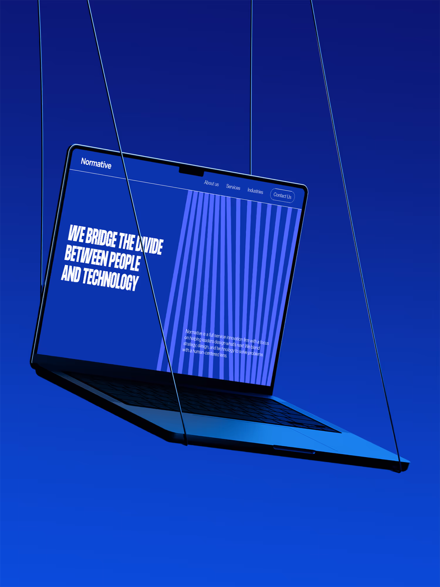 Illustration of a laptop suspended by cables against a deep blue gradient background, displaying the Normative website homepage with the tagline “We bridge the divide between people and technology” in bold white text.
