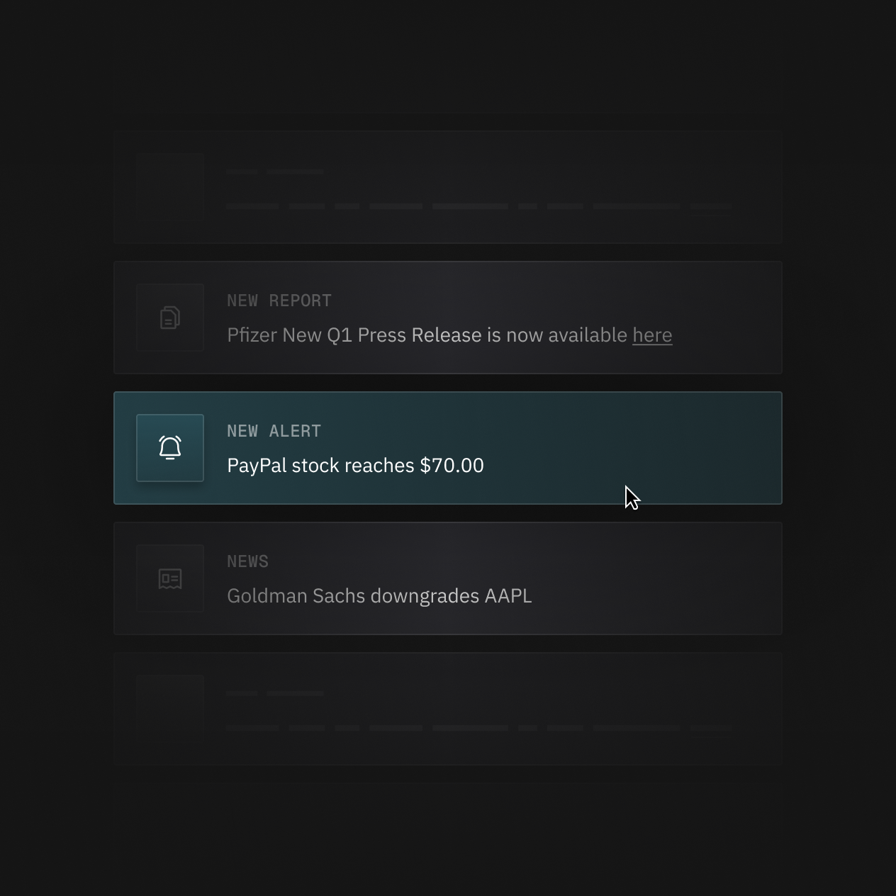Finmode branded product mockup showing a the feature Alerts that allows users to receive personalized notifications about markets & stock movements on a weekly basis