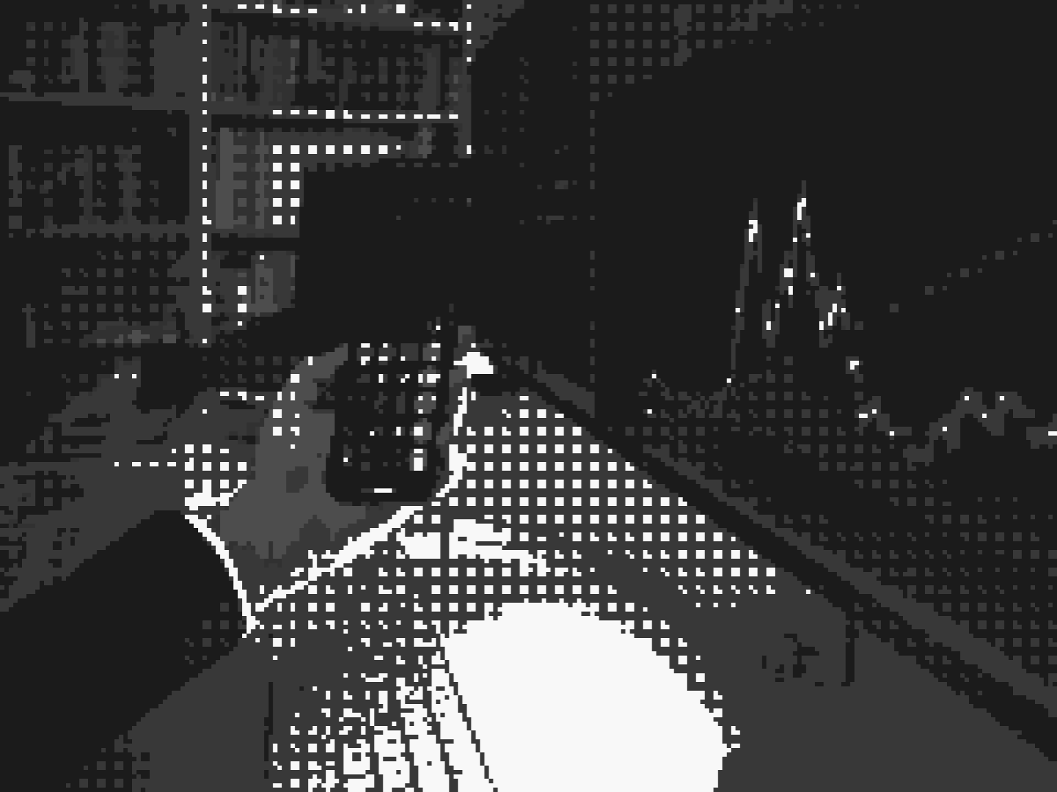 Grayscale, dithering of a financial analyst doing financial calculations in front of a stock chart