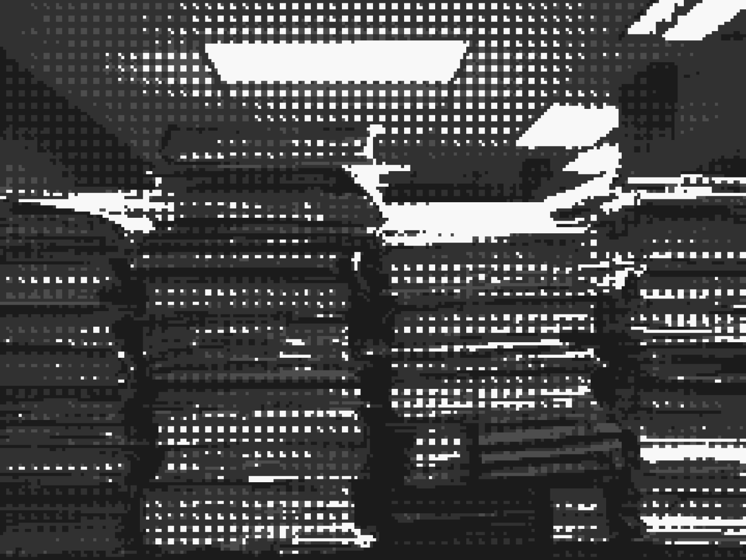Grayscale, dithering of a pile of financial 10-K filings in an office setting