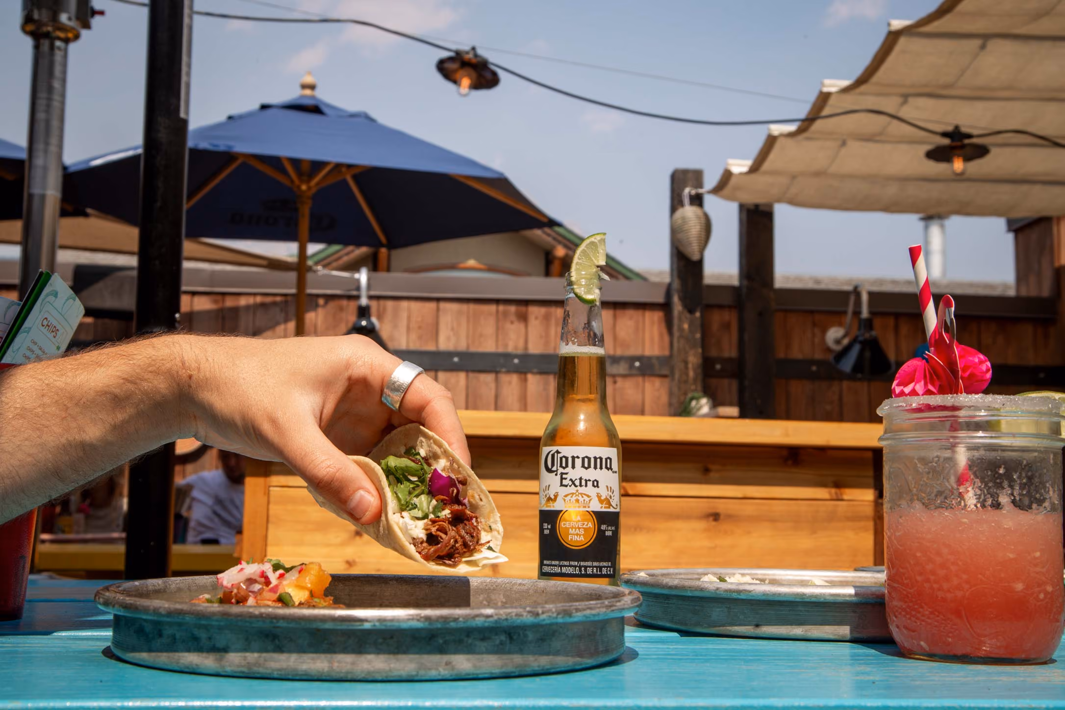Tacos, cold beer and frozen cocktails on the rooftop patio at El Patio taco bar in downtown Banff.