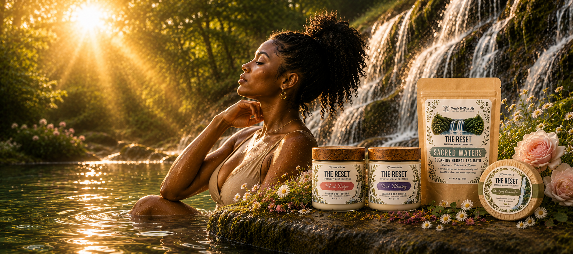 The Reset Spiritual Hygiene Collection - woman in sacred pool with full collection