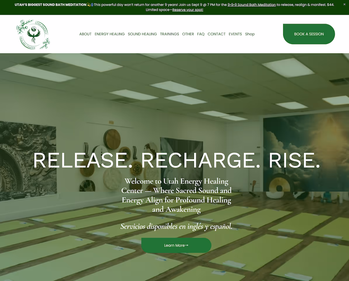 Utah Energy Healing Center Reiki & Sound Healing website design for a mind-body wellness brand, featured in Jonathan Trang’s web design portfolio.