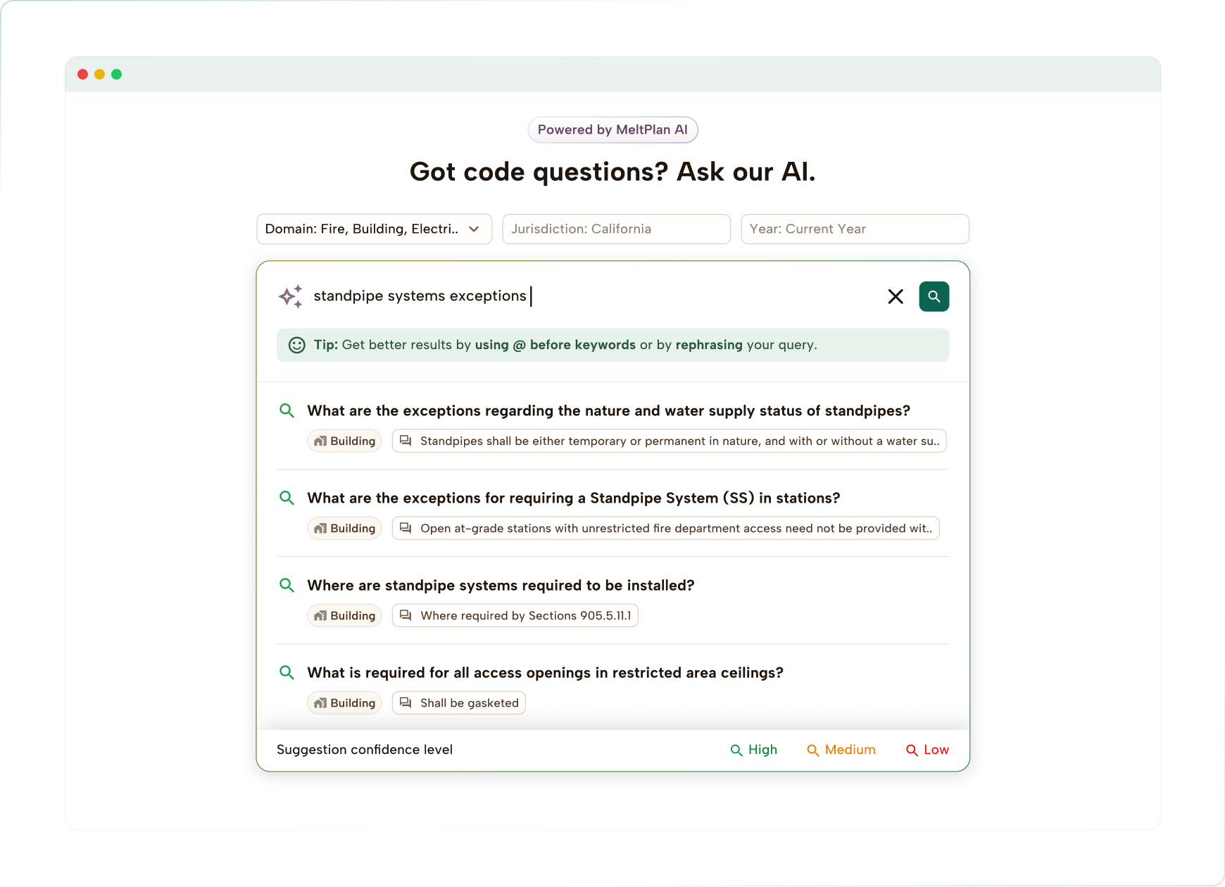 Search interface powered by MeltPlan AI showing a query about standpipe systems exceptions with suggested questions and answers related to building codes in California.