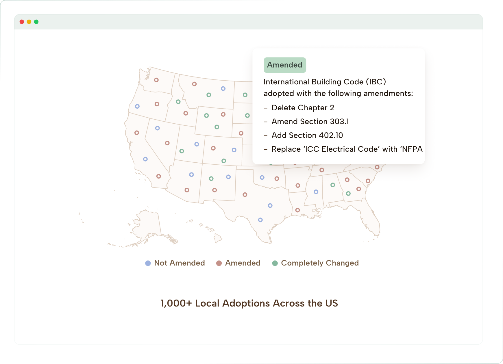 Map of the US showing states with International Building Code adoption status: blue circles for Not Amended, brown for Amended, green for Completely Changed, plus a popup describing amendments.