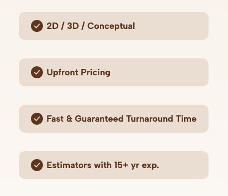 List of features with check marks: 2D / 3D / Conceptual, Upfront Pricing, Fast & Guaranteed Turnaround Time, Estimators with 15+ year experience.