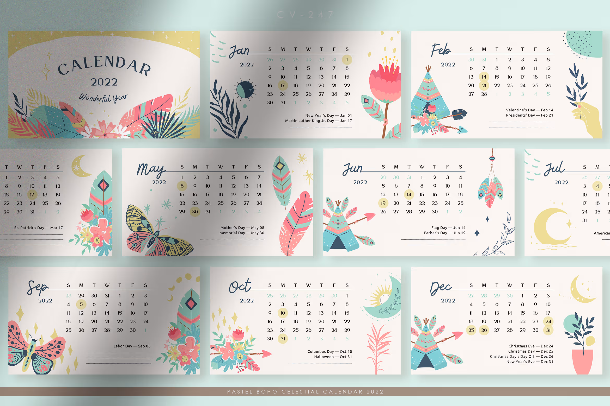 Nature Festival Pastel Boho Celestial Calendar 2022 