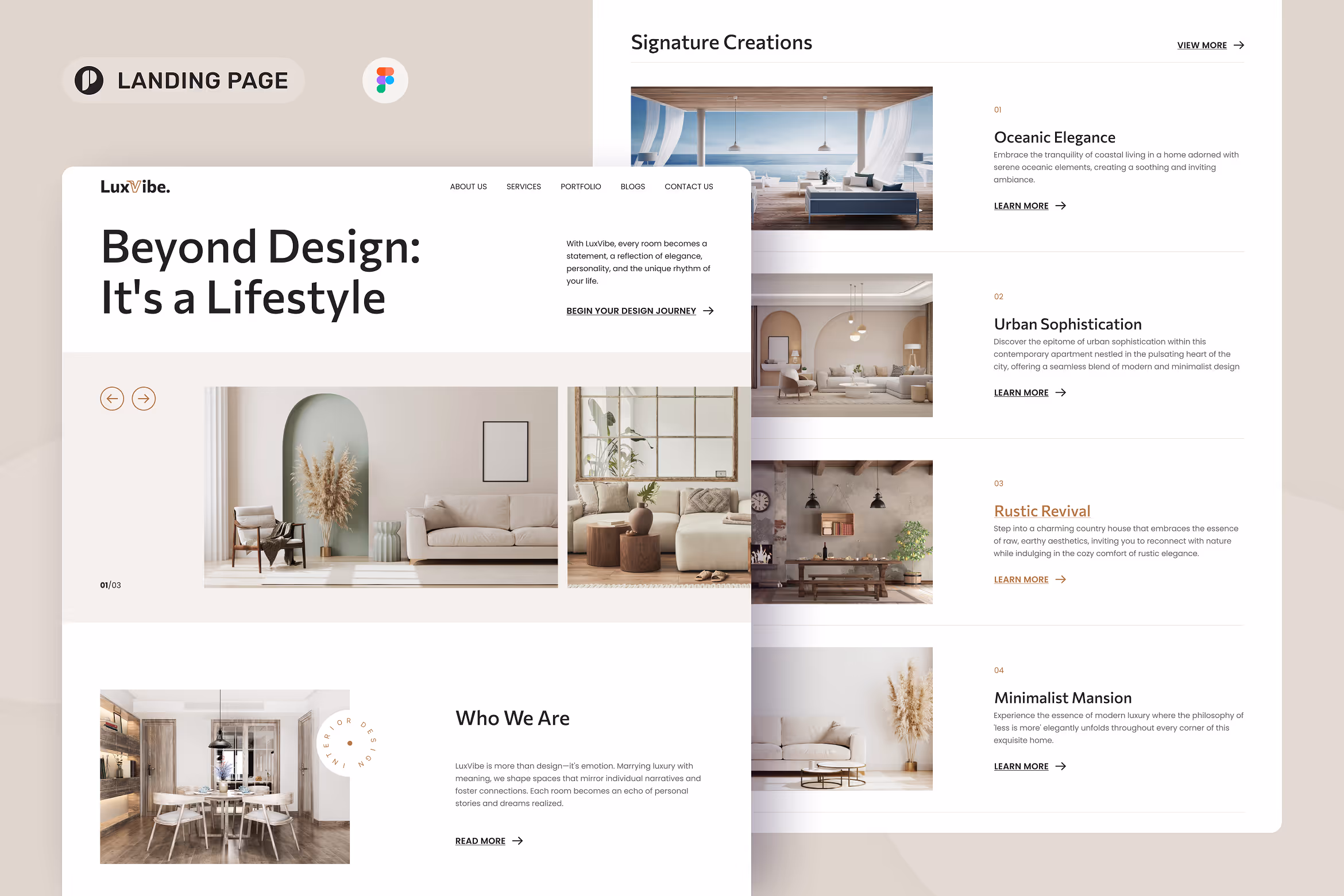 LuxVibe – Interior Design Landing Page Figma 