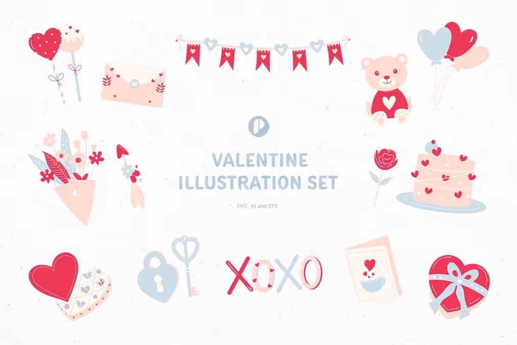 Sweet Valentine Illustration Set with Red Pink Light Blue White and Ivory colors