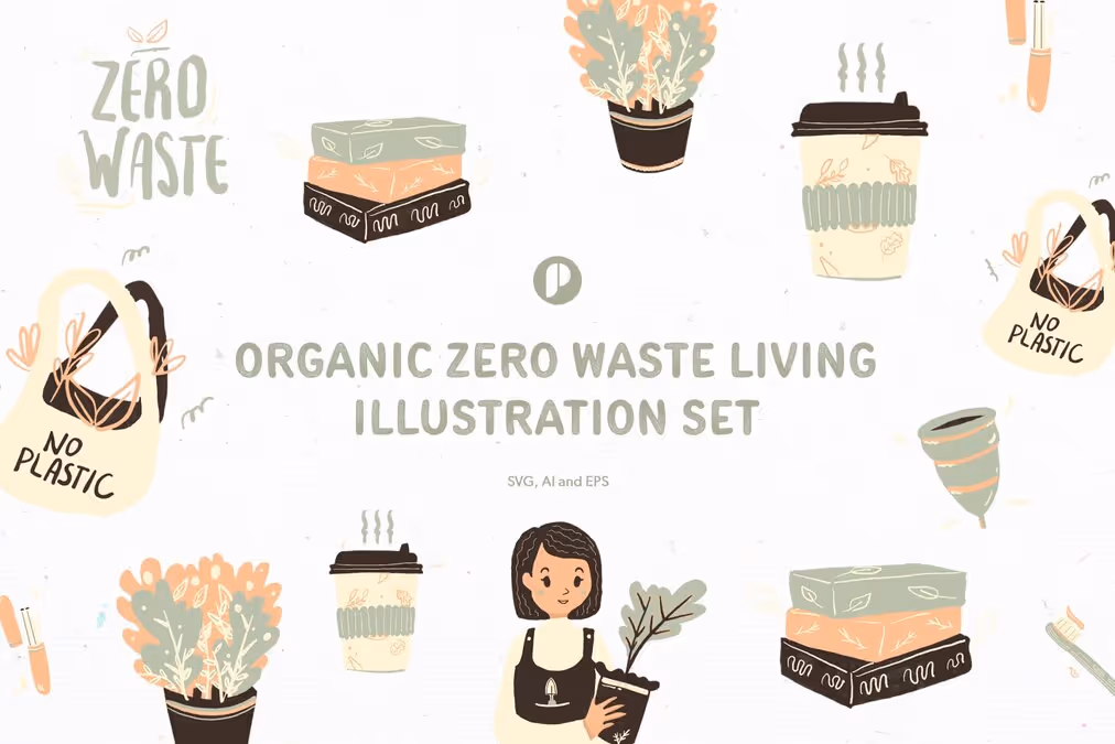 Organic Zero Waste Living Illustration Set with Green Yellow Salmon Black and Creamy White colors