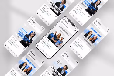 White Smoke Modern Business Podcast Instagram Template with White Smoke White Blue and Black colors