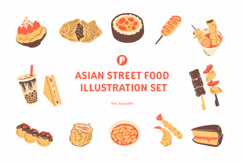 Tasty Asian Street Food Illustration Set with Brown Red Salmon Pale Yellow and Nude colors