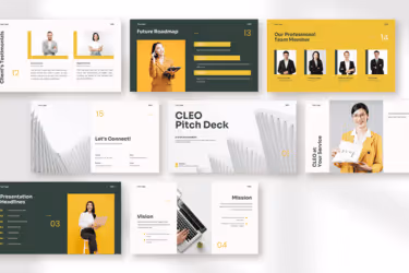 CLEO – Yellow Pine Clean Modern Pitch Deck Presentation with Brown Beige Broken White and Black colors