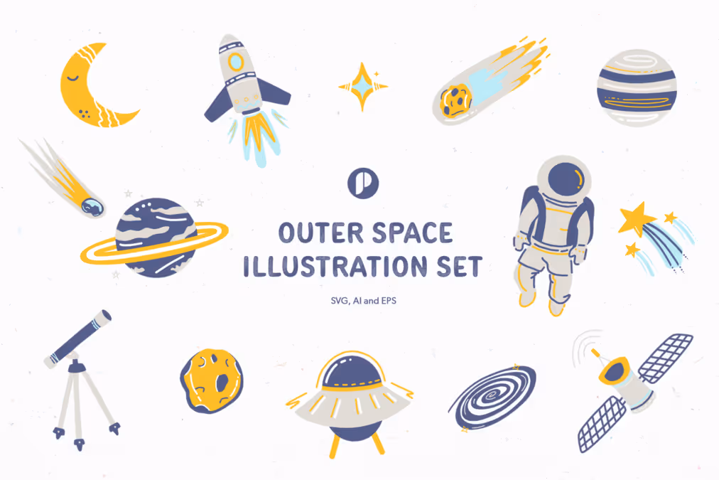 Great Universe Outer Space Illustration Set with Dark Blue Light Blue Yellow White and Smoky White colors