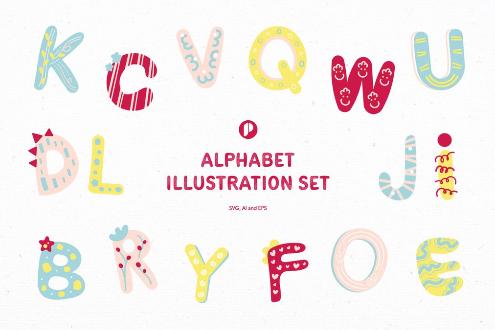Fun Learning Alphabet Illustration Set with Yellow Cyan Red Salmon and White colors
