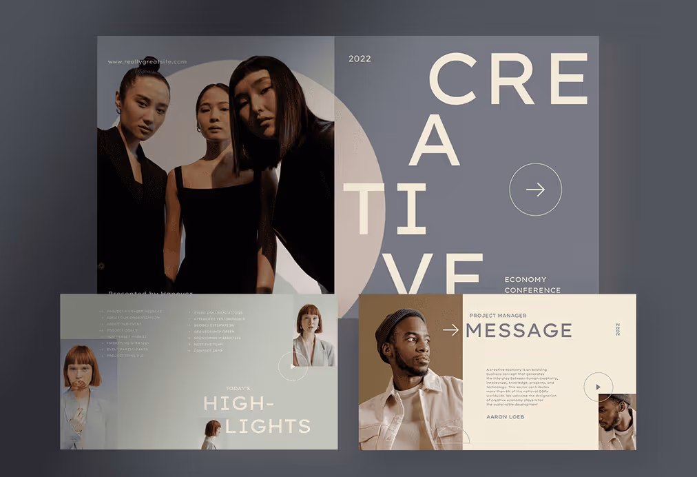Serena – Eggshell Bold Creative Business Event Proposal Presentation with Eggshell Grey and Silver colors