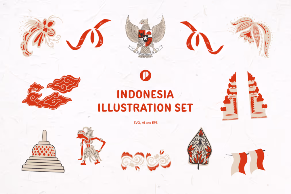 Redish Supple Hand Drawn Indonesian Illustration Set with Red Wine Bone Black and White colors