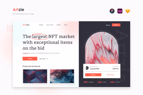 Artzie - Modern NFT Marketplace Website Landing Hero Image
