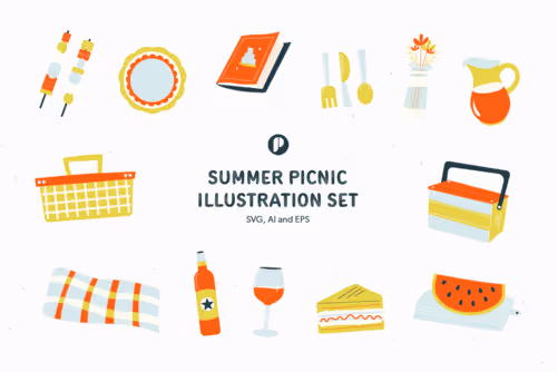 Happy Summer Picnic Illustration Set with Orange Lime Green Light Blue Deep Blue and Beige colors