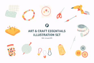 Playful Craft and Art Essentials Illustration Set with Yellow Sunkist Pink Sage Emerald and Beige colors