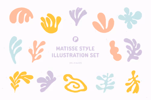 Bright Colorful Matisse Style Illustration Set with Aqua Blue Yellow Purple and Peach colors