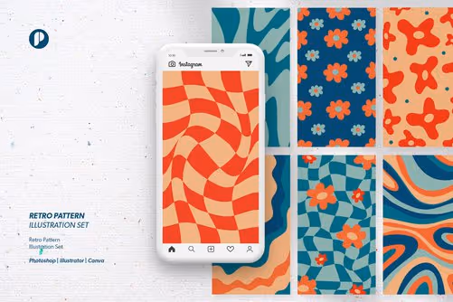 Bold Retro Pattern Illustration Set with Orange Dark Blue Cyan Salmon and Cream colors