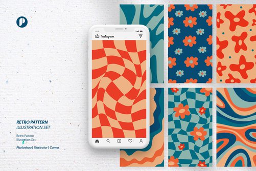 Bold Retro Pattern Illustration Set with Orange Dark Blue Cyan Salmon and Cream colors