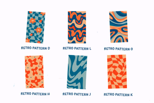 Bold Retro Pattern Illustration Set with Orange Dark Blue Cyan Salmon and Cream colors