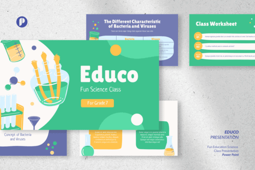 Educo, the Green Fun Education Science Class Presentation template with Green Yellow Blue Purple and White colors