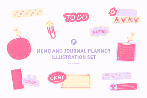Playful Memo and Journal Planner Illustration Set with Pale Yellow Pink Lilac and White colors