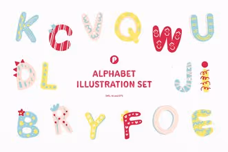 Fun Learning Alphabet Illustration Set with Yellow Cyan Red Salmon and White colors