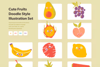 Appealing Cute Fruits Doodle Style Illustration Set
