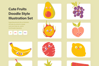 Appealing Cute Fruits Doodle Style Illustration Set