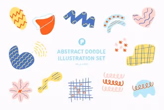 Bright and Colorful Abstract Doodle Illustration Set with Cyan Salmon Orange Yellow and Purple colors