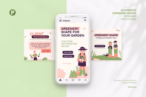 Asparagus Pink Illustrative Gardening Service Instagram Template with Asparagus Soft Pink Salmon White and Russian Violet colors