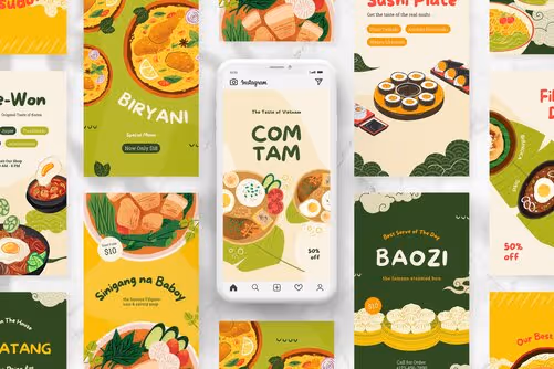 Greenish Illustrative Asian Food Promotion Instagram with Green Yellow Cream and Orange colors