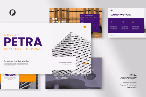 Petra – Purple Blossom Modern Business Proposal Presentation with Purple Orange White Ivory and Grey colors
