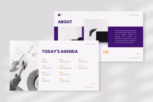 Petra – Purple Blossom Modern Business Proposal Presentation with Purple Orange White Ivory and Grey colors