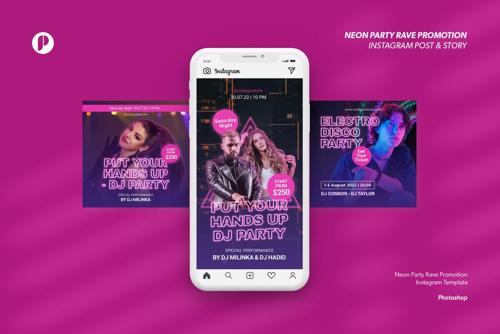 Dark Violet Neon Party Rave Promotion Instagram Template with Violet Deep Blue and White colors