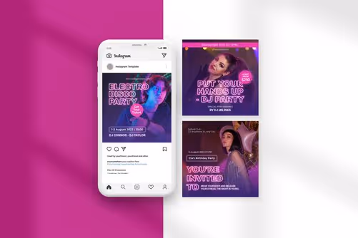 Dark Violet Neon Party Rave Promotion Instagram Template with Violet Deep Blue and White colors