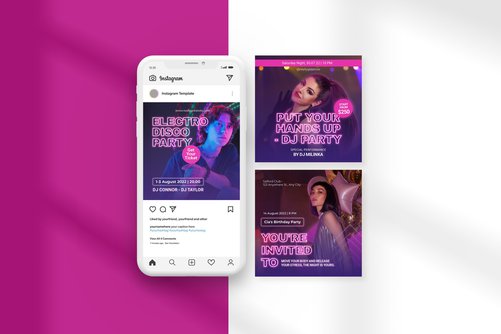 Dark Violet Neon Party Rave Promotion Instagram Template with Violet Deep Blue and White colors