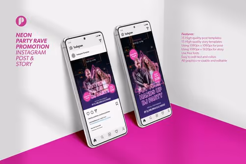 Dark Violet Neon Party Rave Promotion Instagram Template with Violet Deep Blue and White colors