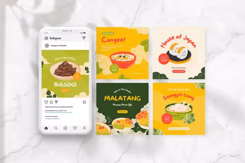 Greenish Illustrative Asian Food Promotion Instagram with Green Yellow Cream and Orange colors