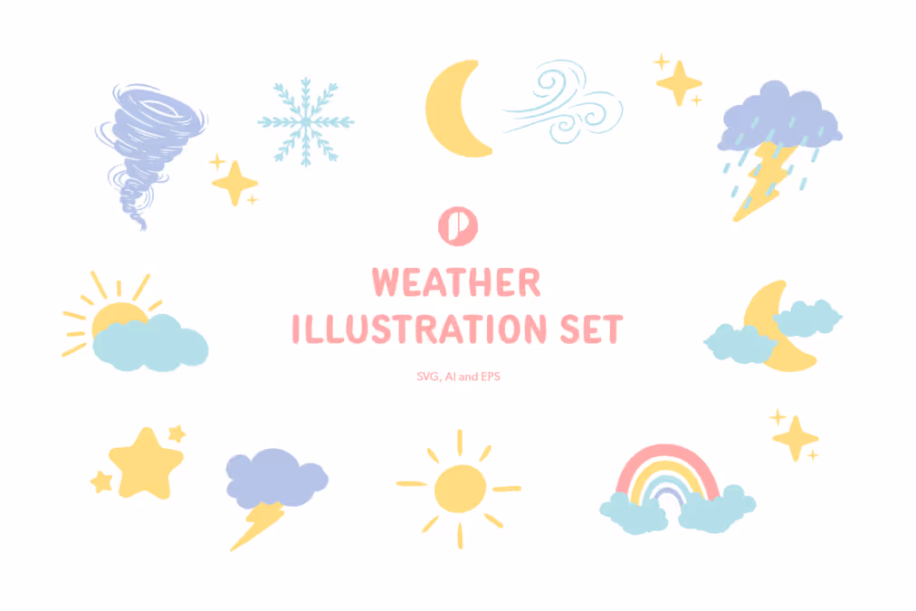 Soft Pastel and Playful Weather Illustration Set with Pale Yellow Pastel Tosca Pastel Lilac and Pastel Pink colors