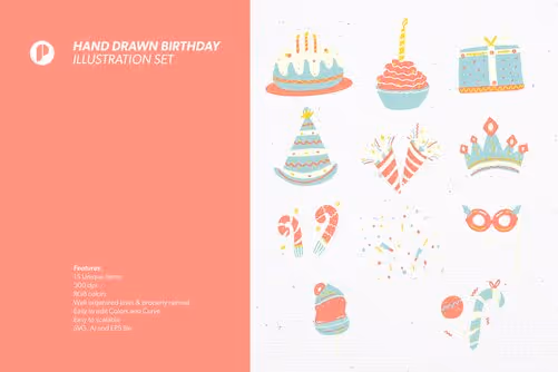 Softy Hand Drawn Birthday Illustration Set with Blue Red Pastel White Cream and Yellow colors