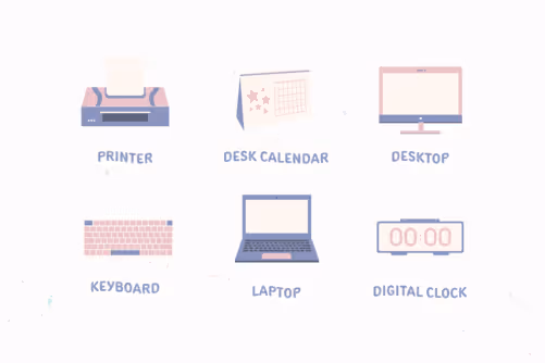 Calm and Cute Office Work Illustration Set with Dusty Pink Dusty Blue Ash Grey and Nude colors