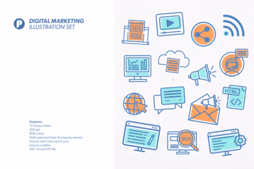 Simple Flat Digital Marketing Illustration Set with Blue Aqua and Orange colors