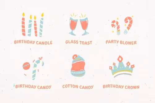 Softy Hand Drawn Birthday Illustration Set with Blue Red Pastel White Cream and Yellow colors