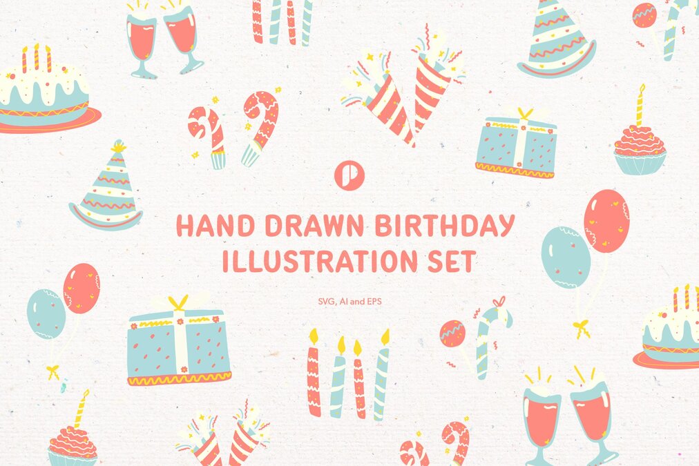 Softy Hand Drawn Birthday Illustration Set with Blue Red Pastel White Cream and Yellow colors