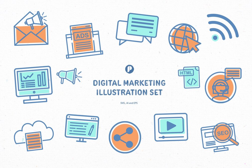 Simple Flat Digital Marketing Illustration Set with Blue Aqua and Orange colors